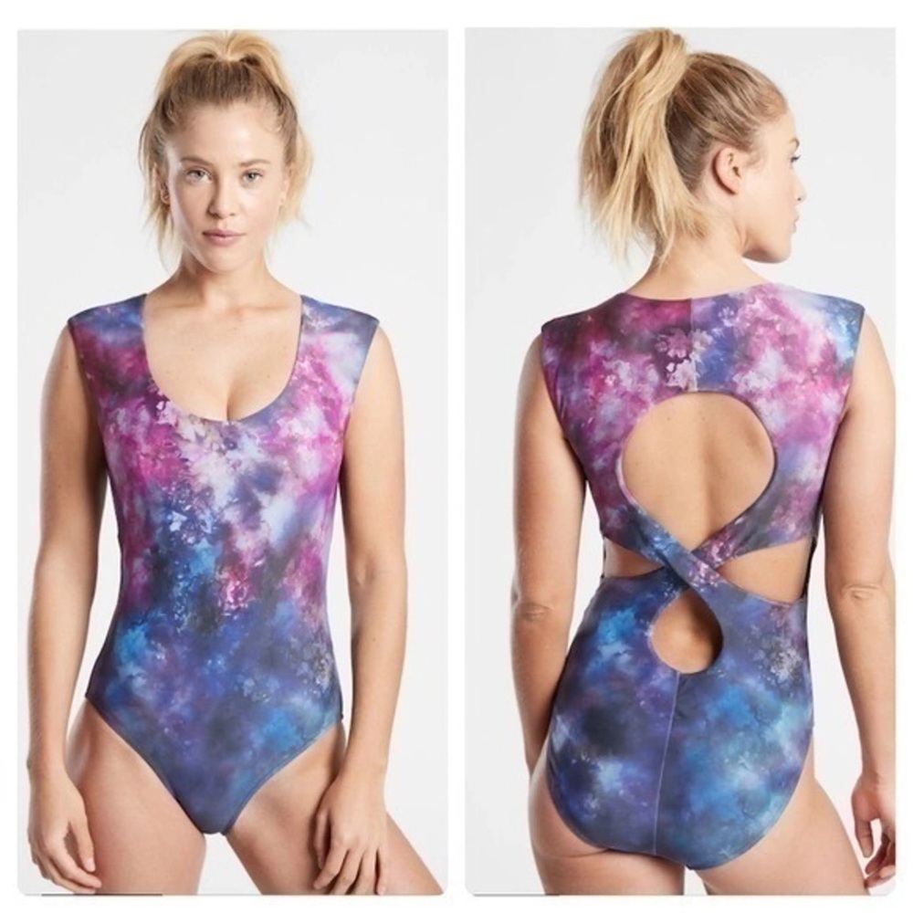 Athleta Supernova Tie Dye Galaxy Strappy One Piece Swimsuit modest full coverage